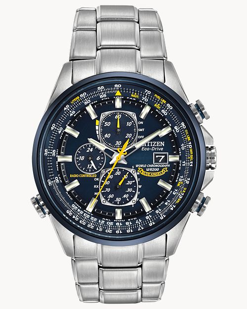 World Chronograph A T Men s Eco Drive Steel Blue Dial Watch